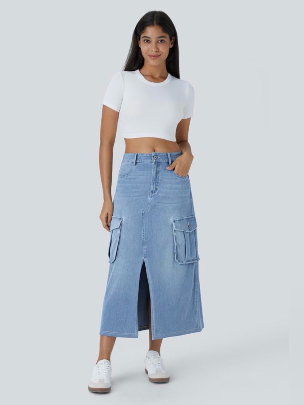 HALARA Light Blue Denim Cargo Maxi Skirt with Front Slit
